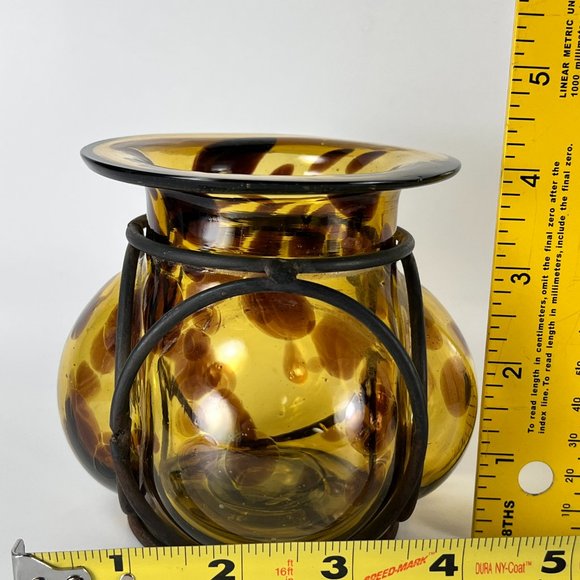 Vtg Handblown Caged Art Glass Candle Holder Vase Brutalist Wrought Iron Mexico - Picture 11 of 12